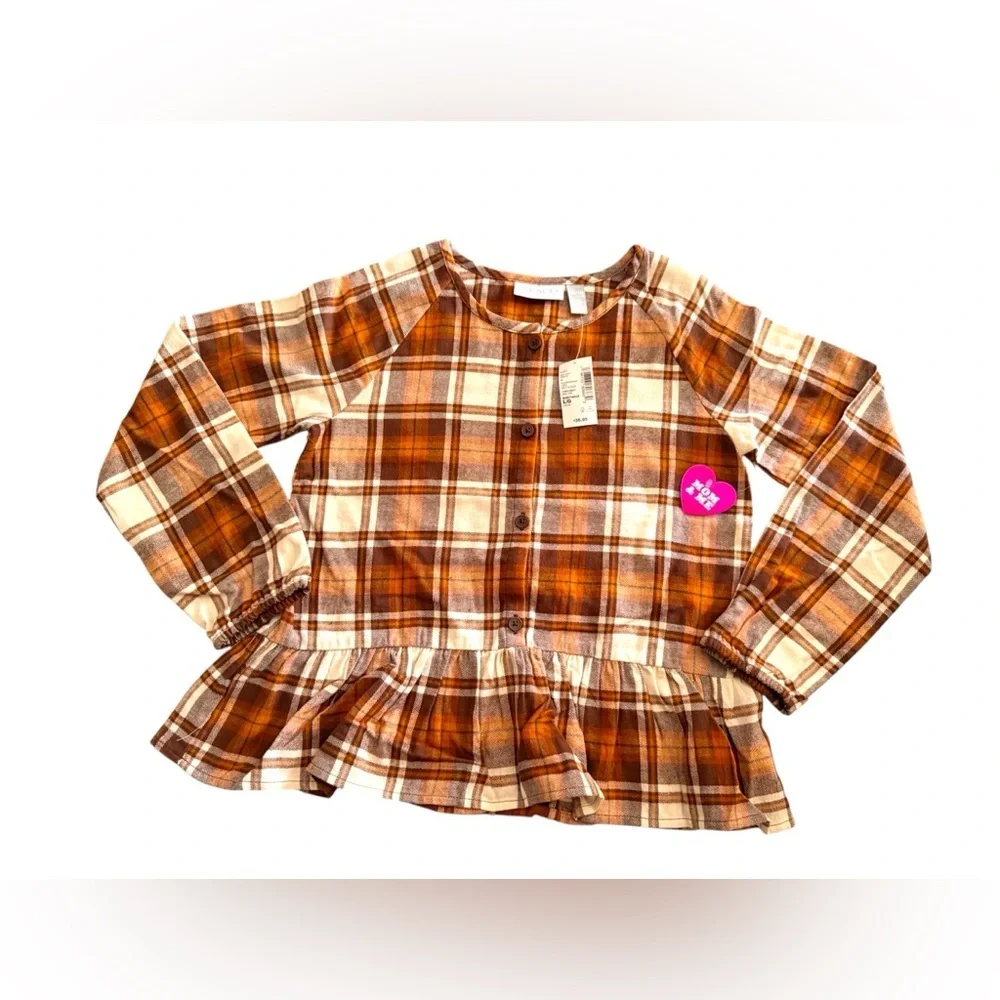 The Children’s Place Girls Matching Family Plaid Flannel Peplum Top - Brown